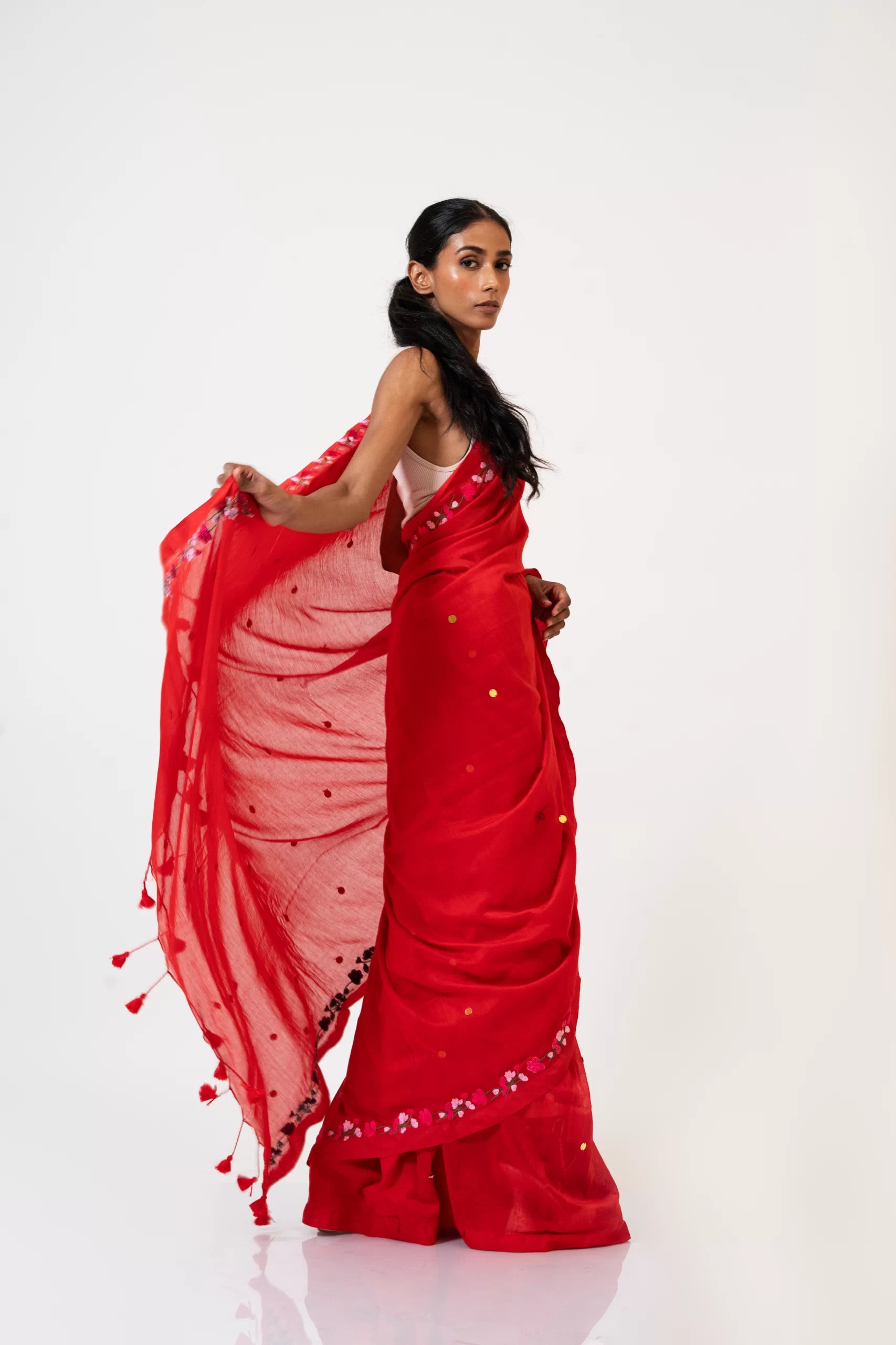 Wrapped In Red – Handwoven Linen Saree with Floral Embroidery - Kozylook